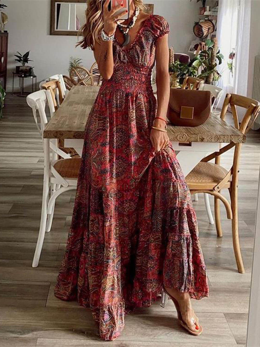 Bohemian Waisted Floral Print Dress - Fashionpara