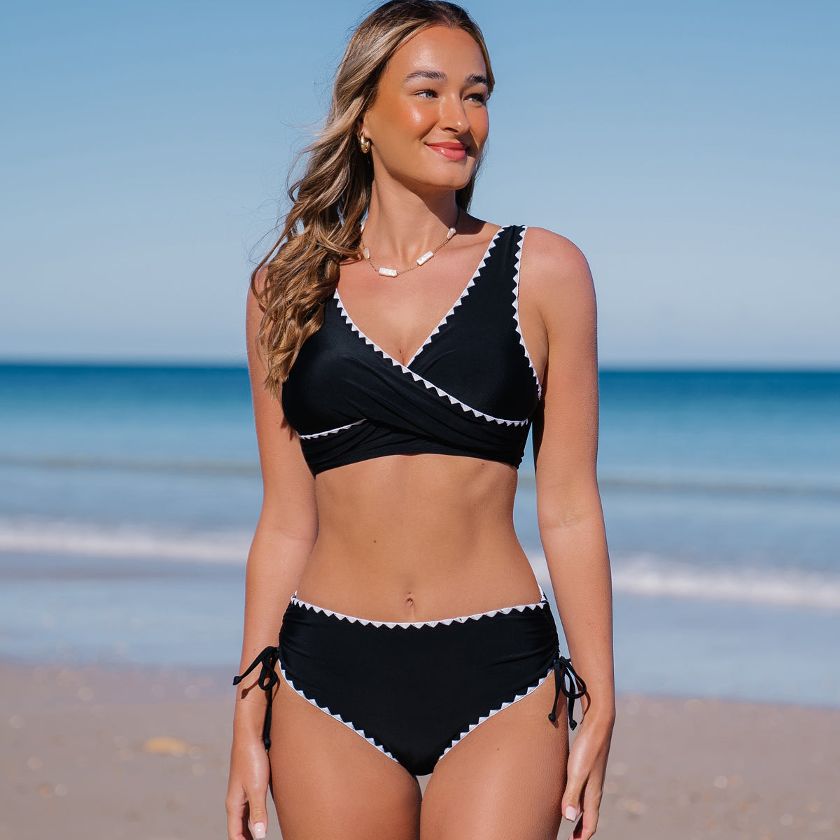 White Trim Twist Front Tie Back Bikini Set
