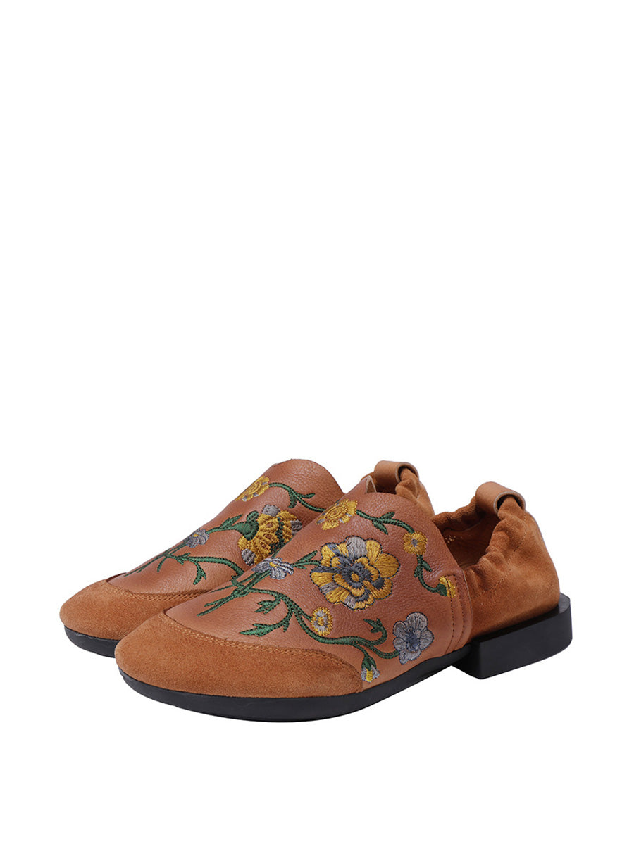 Ethnic Autumn Embroidery Leather Low Heel Shoes