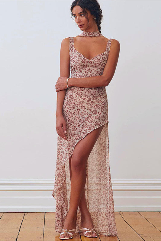 Floral Print V-Neck Backless High Slit Maxi Dress 2