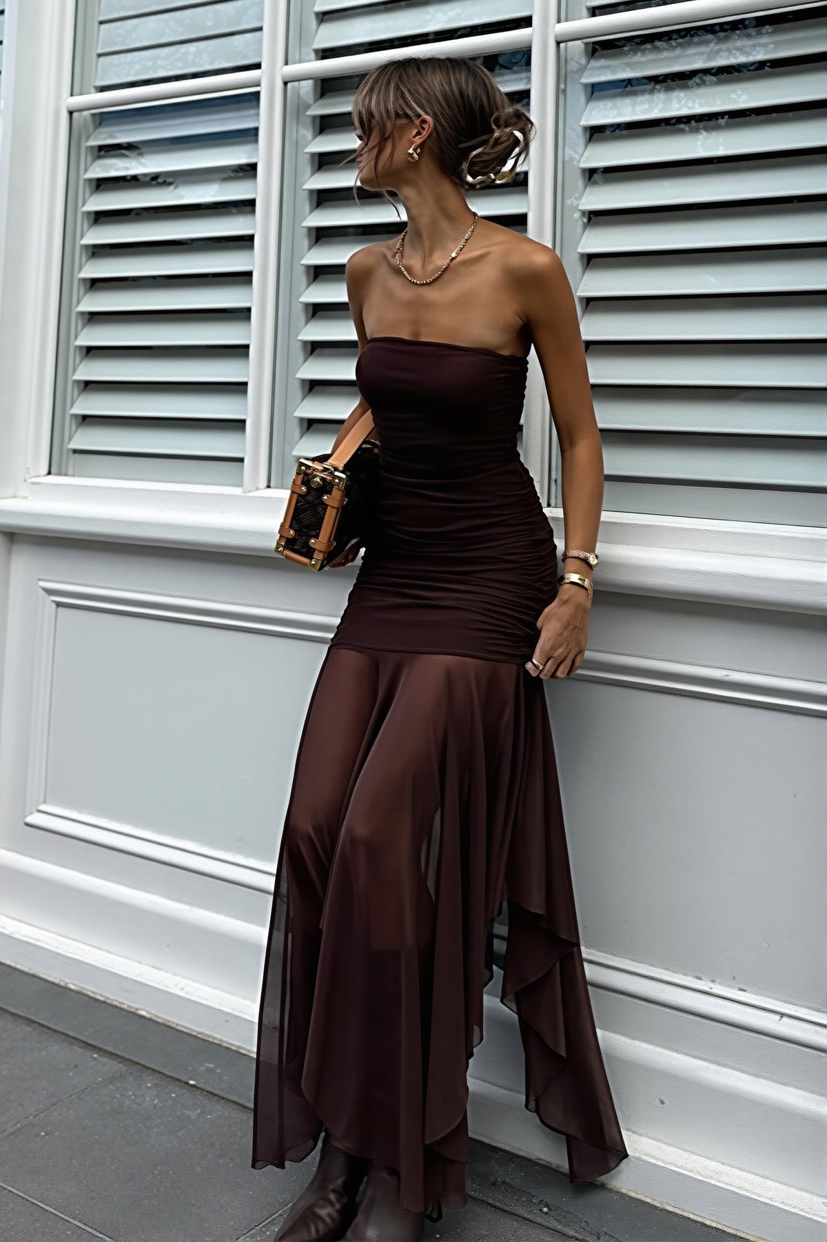 Strapless Ruched Ruffle Hem Mesh Maxi Dress