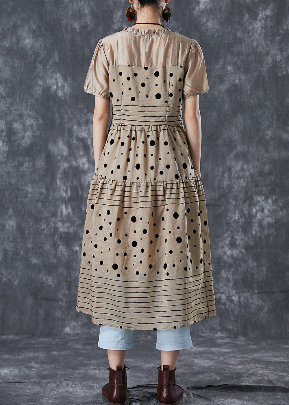 Polka Dot Stripe Patchwork Ruffle Neck Short Sleeve Tiered Midi Dress - View 4