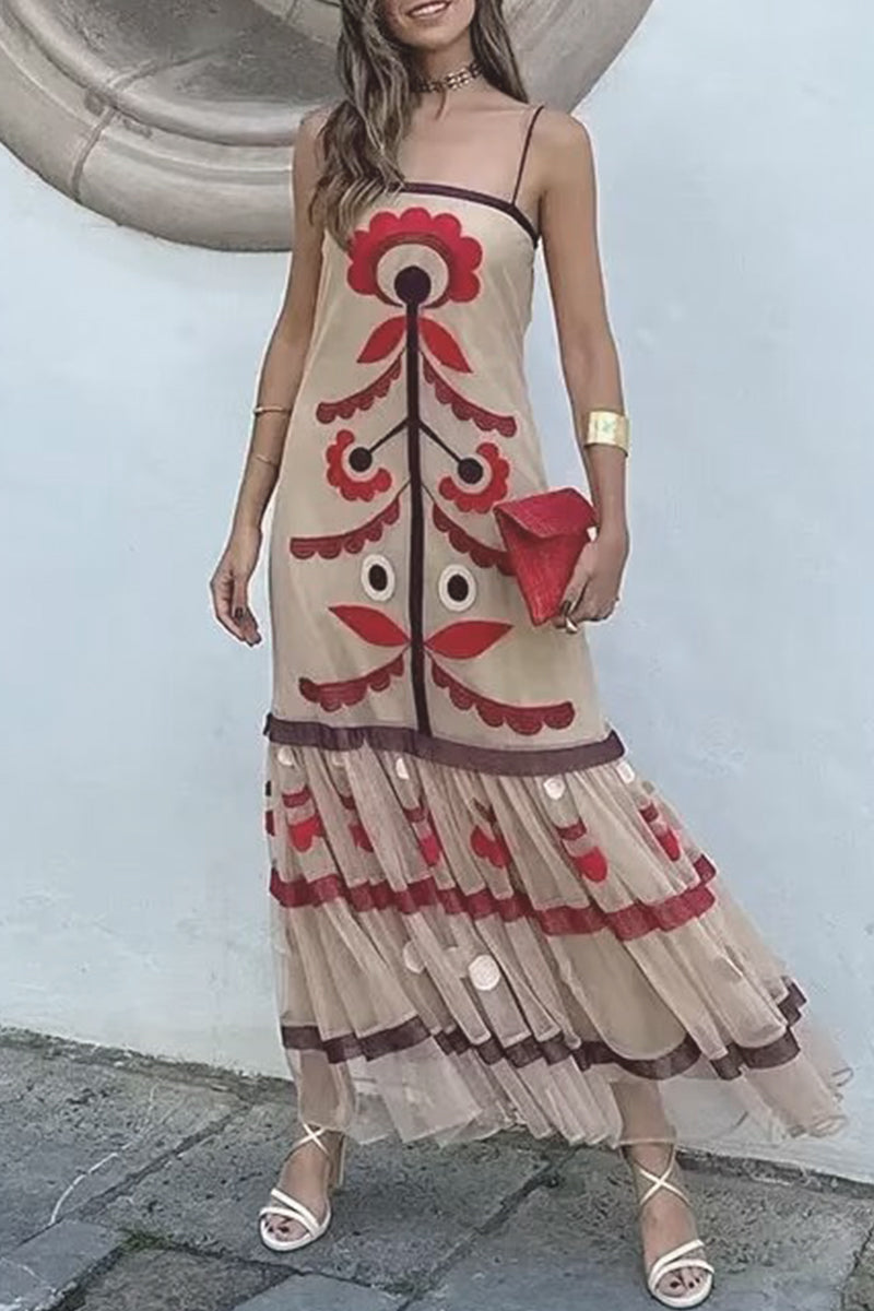 Embroidered Folk Motif Square Neck Spaghetti Strap Maxi Dress