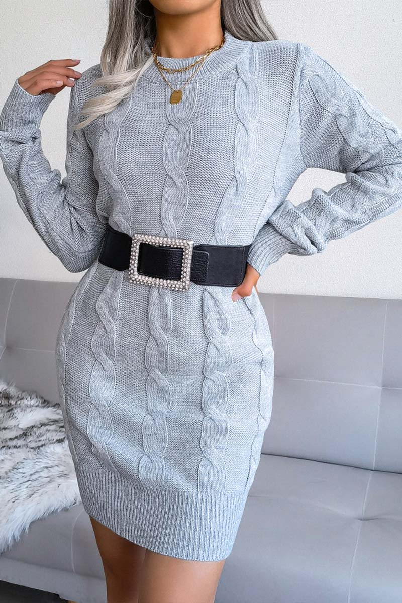 Solid Cable-knit Round Neck Sweater Dress  Fashionpara