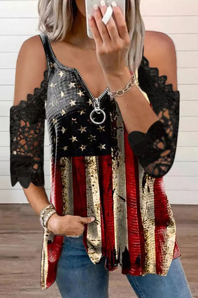 American Flag Star Striped Lace Cold Shoulder Blouse Fashionpara