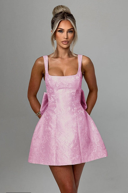 Jacquard Square-Neck Bow-Back Fit-and-Flare Mini Dress