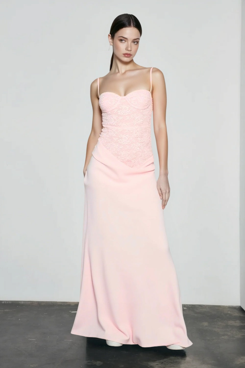 Lace Bustier Sweetheart Drop Waist Maxi Gown