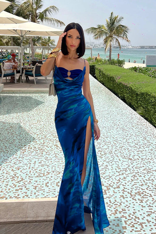 Tie-Dye Cowl Neck Keyhole Satin Maxi Dress 4