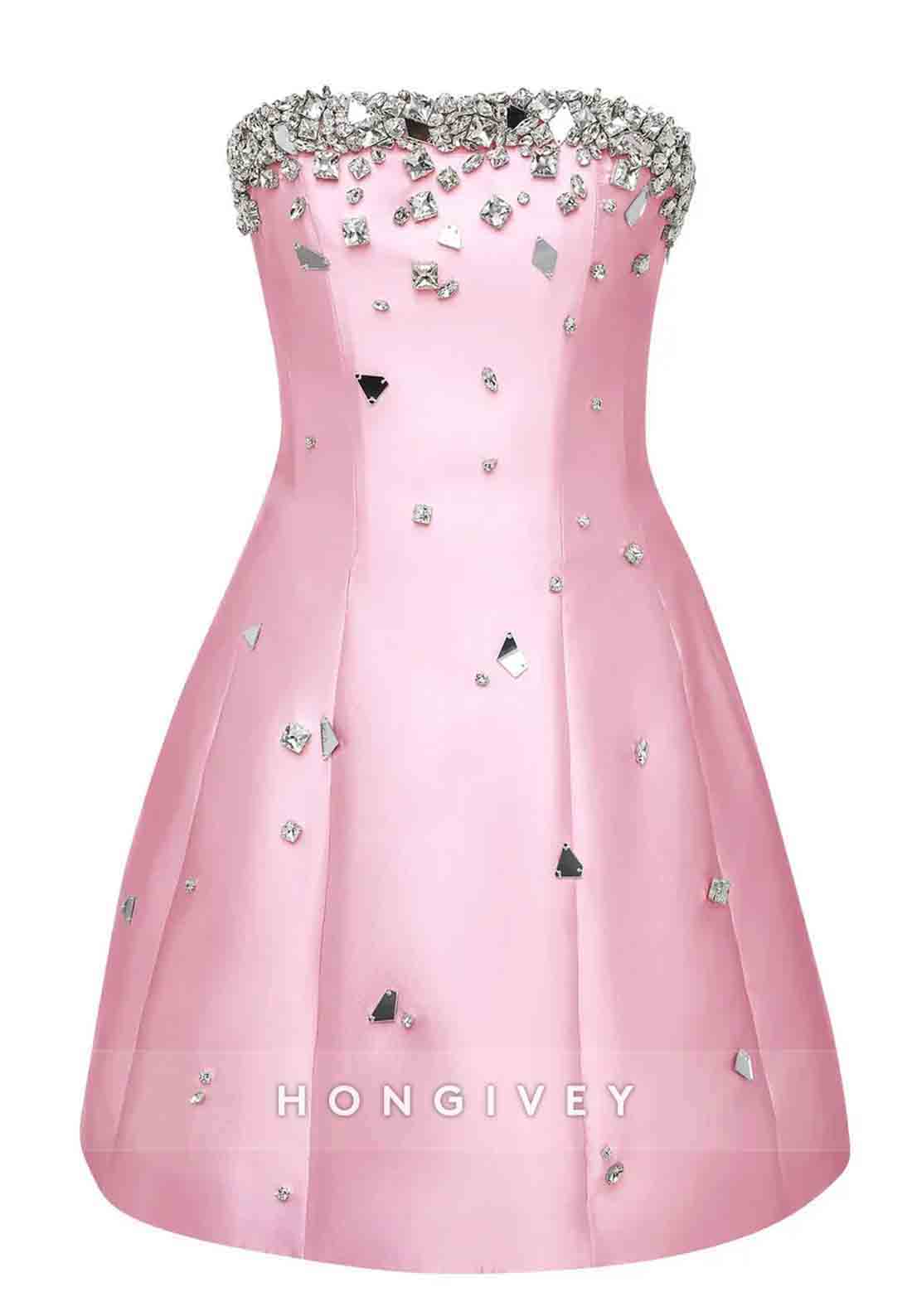 Strapless Beading Satin Sleeveless A-Line Satin Mini Homecoming Dresses