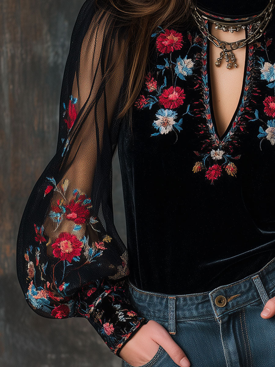 Retro Velvet Embroidered Mesh Stitching Blouse - Fashionpara