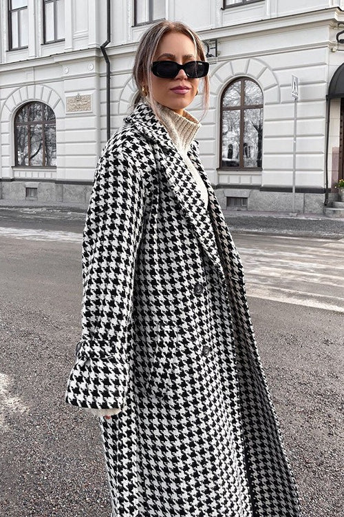 Houndstooth Long Trench Coat Chic Elegant Overcoat