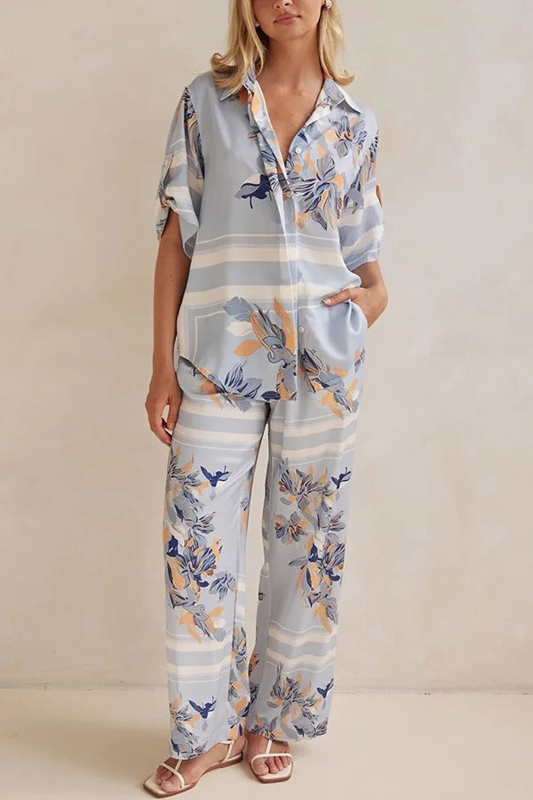 Fashionable Plant Print Loose Lapel Short Sleeve Shirt and Casual Elastic Waist Pocket Pants Set - Fashionpara