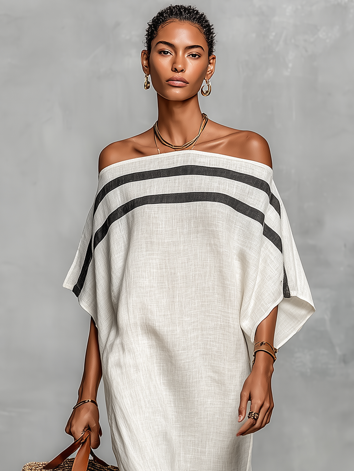 Striped Off Shoulder Batwing Sleeve Kaftan Maxi Dress 4