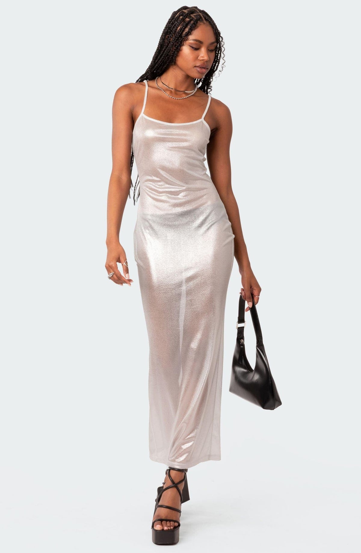 Mesh Metallic Sheer Spaghetti Strap Square Neck Bodycon Maxi Dress - View 11