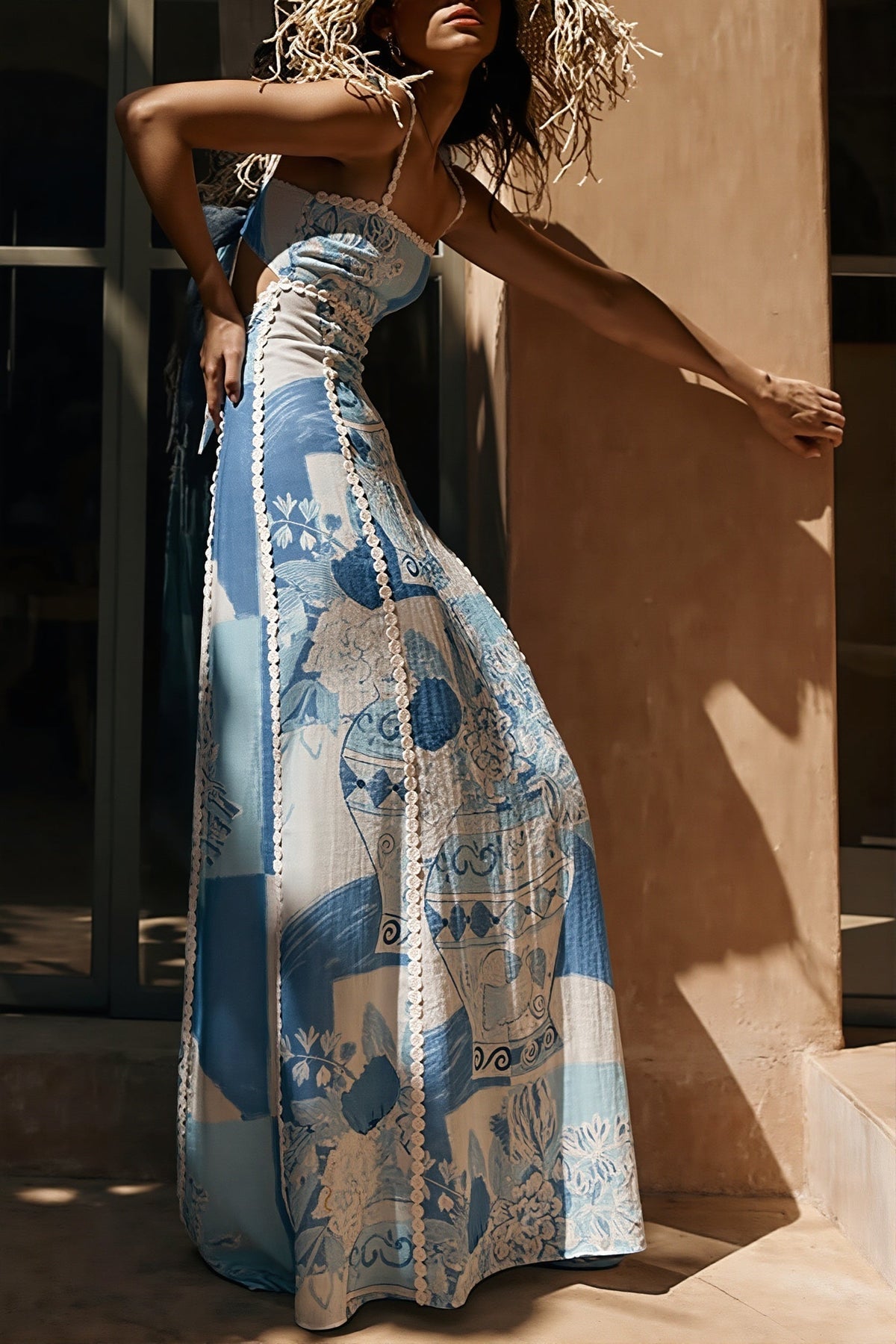 Vase Print Strapless Crochet Trim Maxi Dress 3