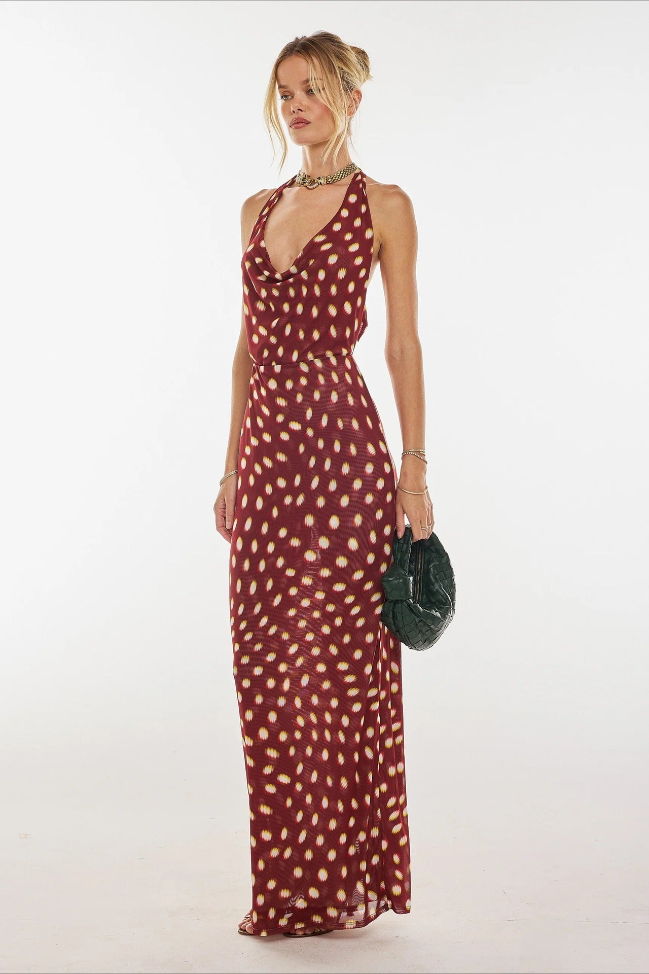 Polka Dot Print Halter Waist Tie Maxi Dress - Fashionpara