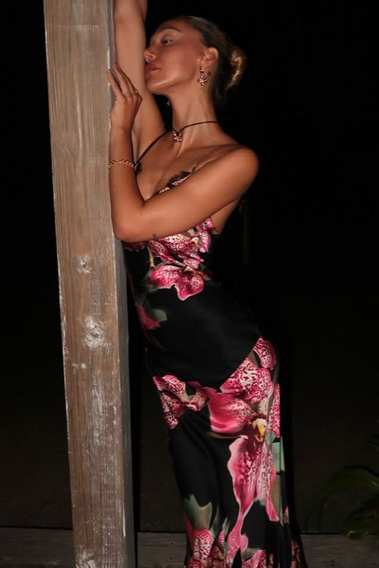 Floral Satin V-Neck Lace Trim Slip Maxi Dress