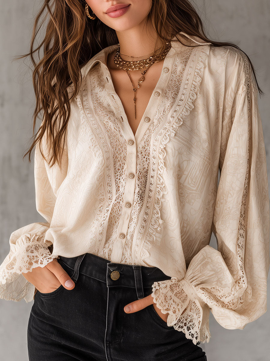 Romantic Victorian-Inspired Cream Print Lace Blouse - Fashionpara