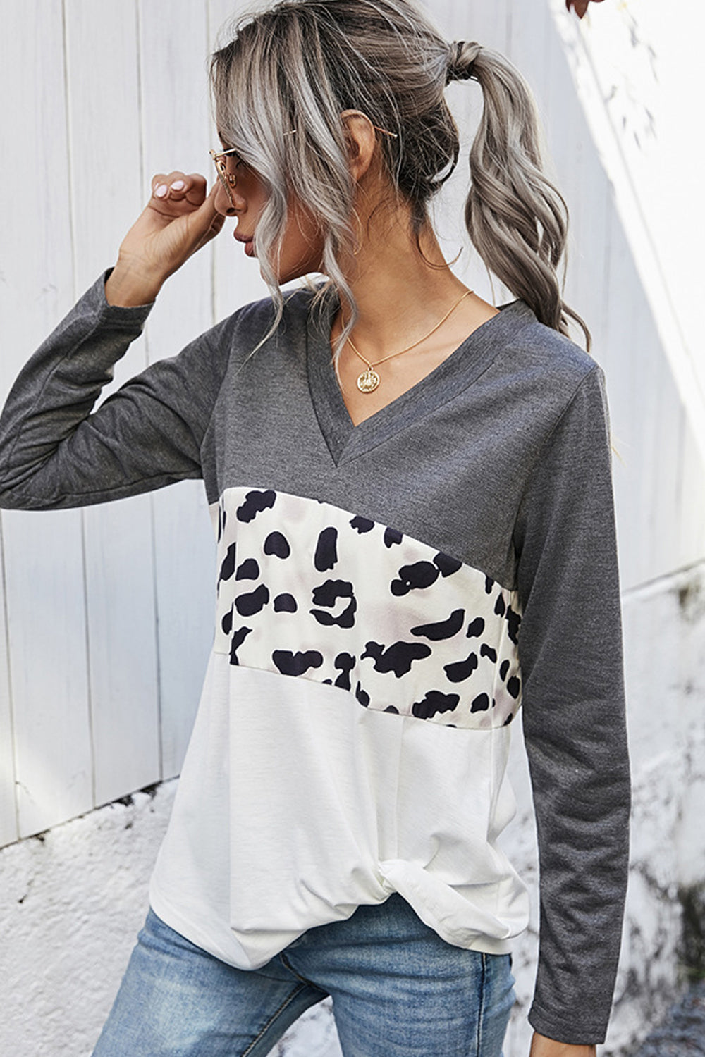 Leopard Print Stitching V-Neck Loose T-Shirt