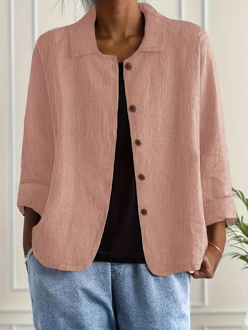 Collared Long Sleeve Button Front Linen Look Shirt 2