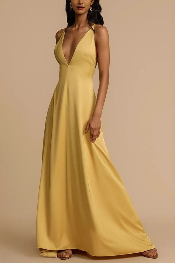 Satin Plunge V-Neck Sleeveless A-Line Maxi Gown