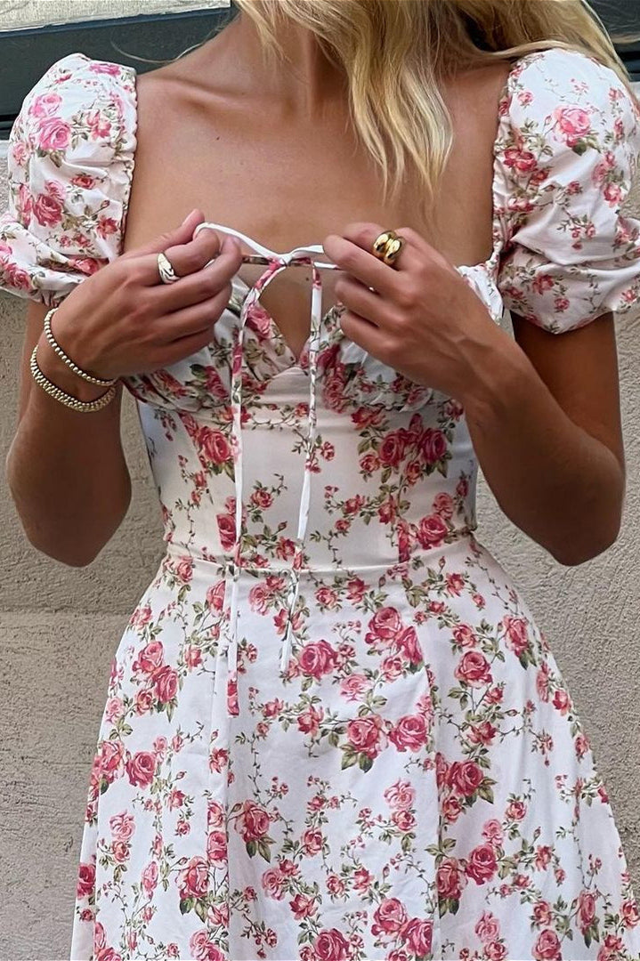 Floral Print Square Neck Puff Sleeve Corset Maxi Dress 3