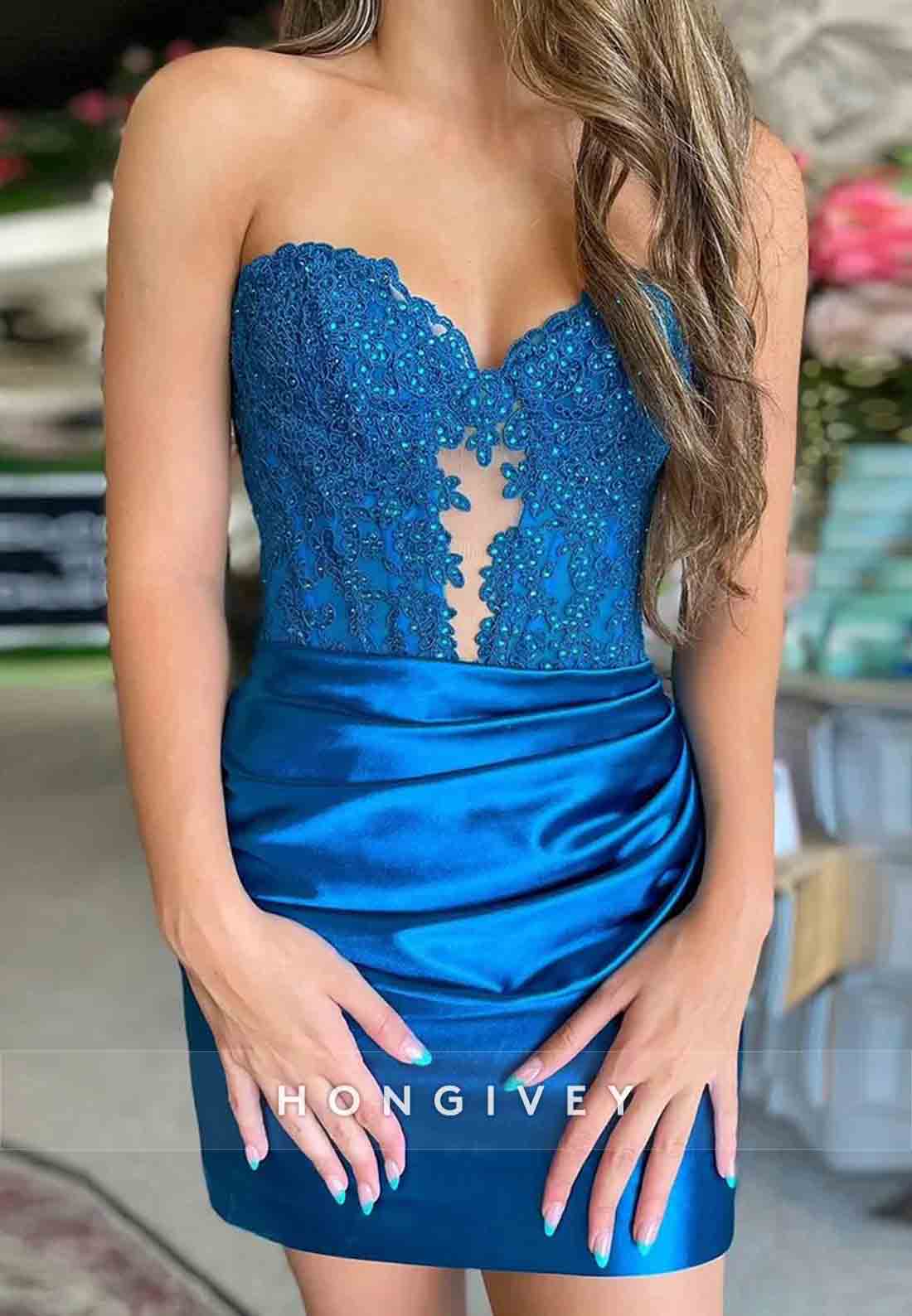 Strapless Sweetheart Sheath Pleated Appliqued Satin Mini Homecoming Dresses