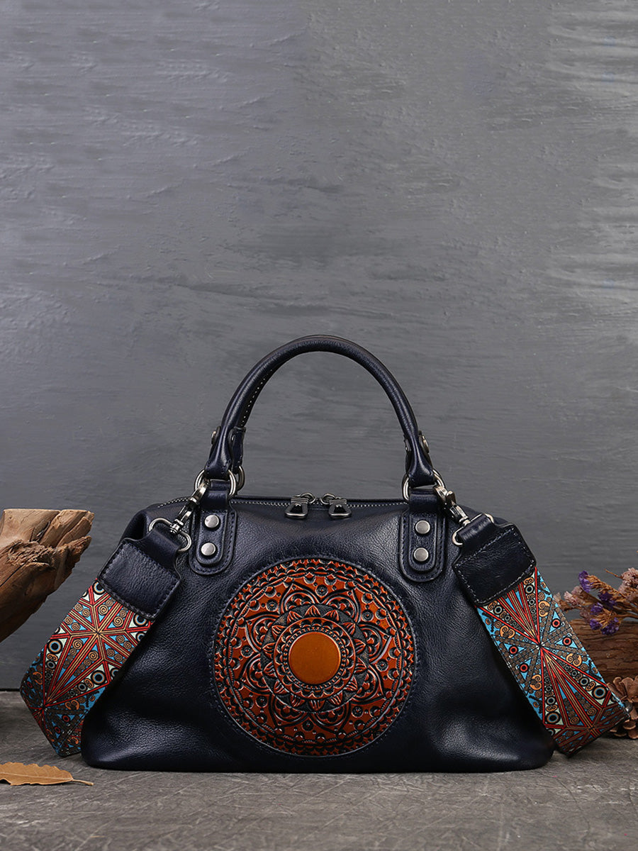 Leather Flower Spliced Capacity Hand Bag Shoulder Bag