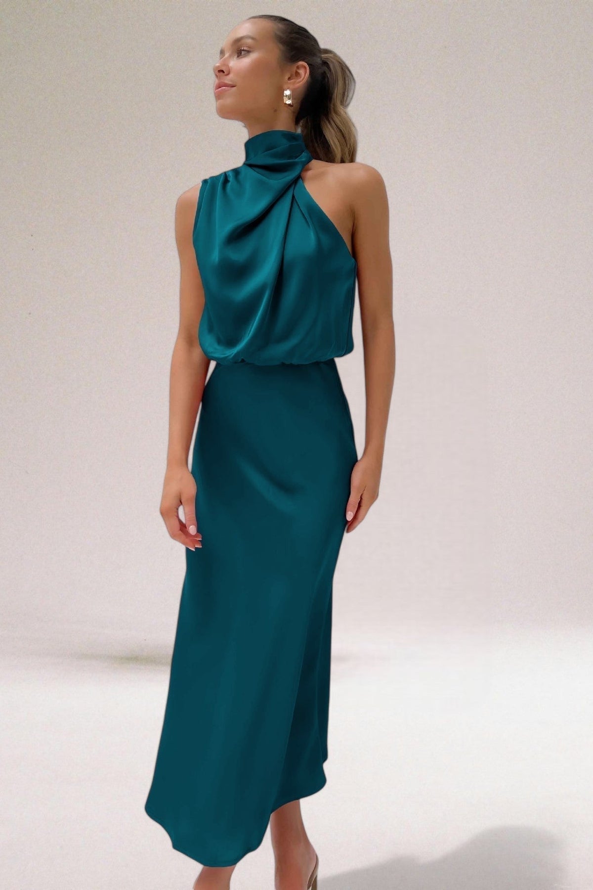 Halter Neck Draped Sleeveless Satin Maxi Dress 2