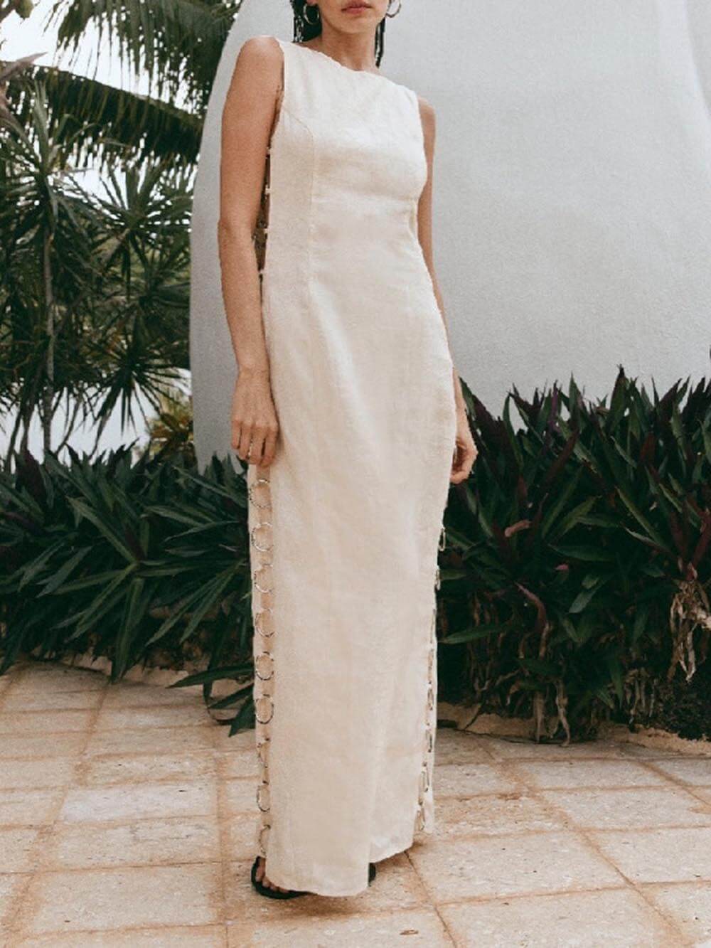 Signature Printed Hoop-Embellished Sleeveless Midi Dress - Fashionpara