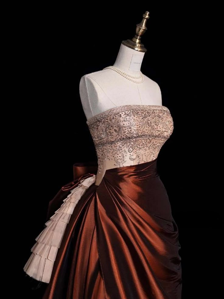 Vintage Strapless Satin Beaded A Line Evening Dress Prom Gown S194