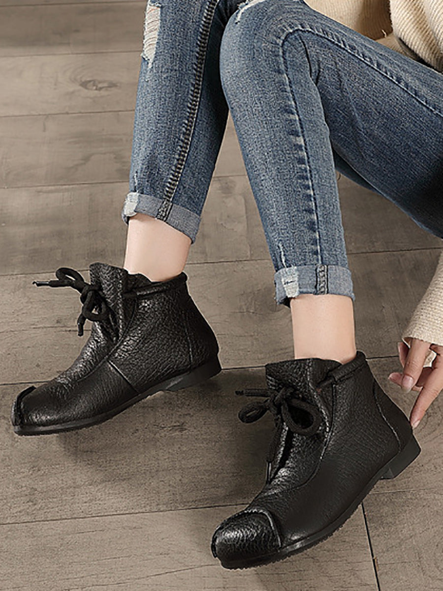 Retro Soft Leather Spliced Strap Low Heel Boots