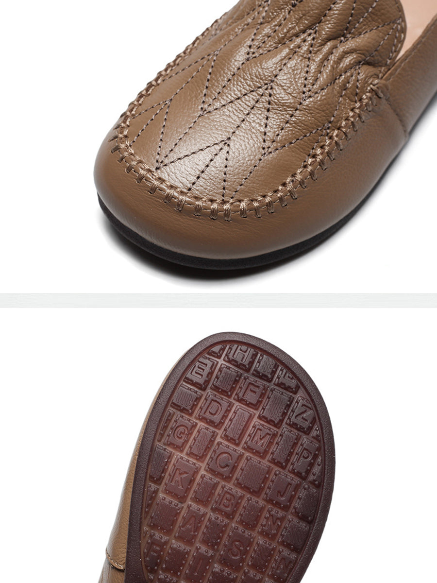Vintage Genuine Leather Stitching Low Heel Shoes