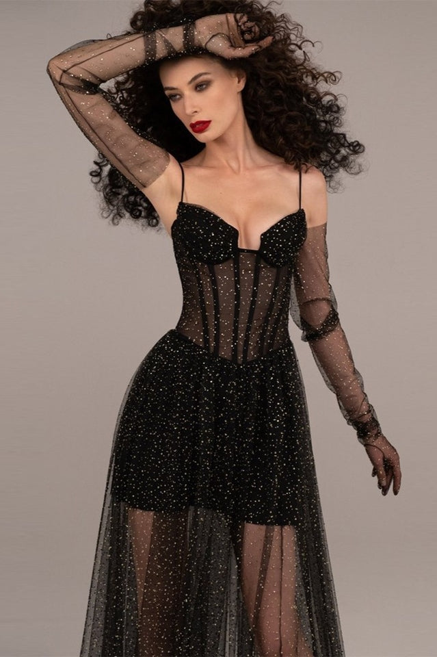 Glitter Tulle Sweetheart Corset Sheer Maxi Gown