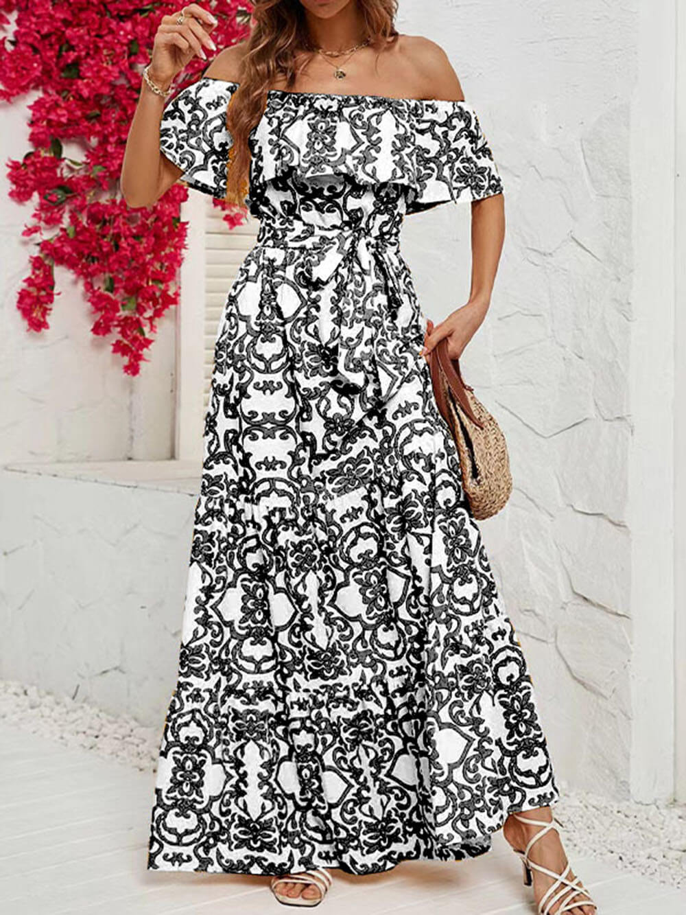 One-Shoulder Short-Sleeve Printed Ruffle Maxi Dress - Fashionpara
