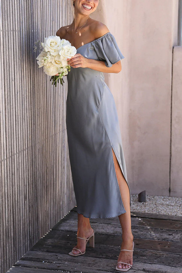 Satin Off Shoulder Puff Sleeve High Split Midi Dress 6