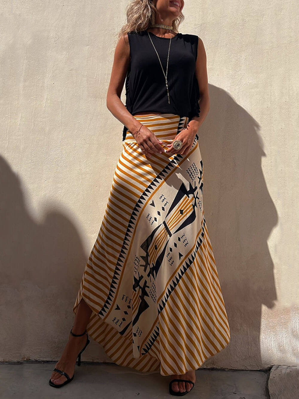 Geometric Print Elastic Waist Maxi Skirt - Fashionpara