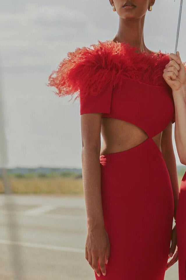 Cutout Feather Trim Spaghetti Strap Dress - Fashionpara