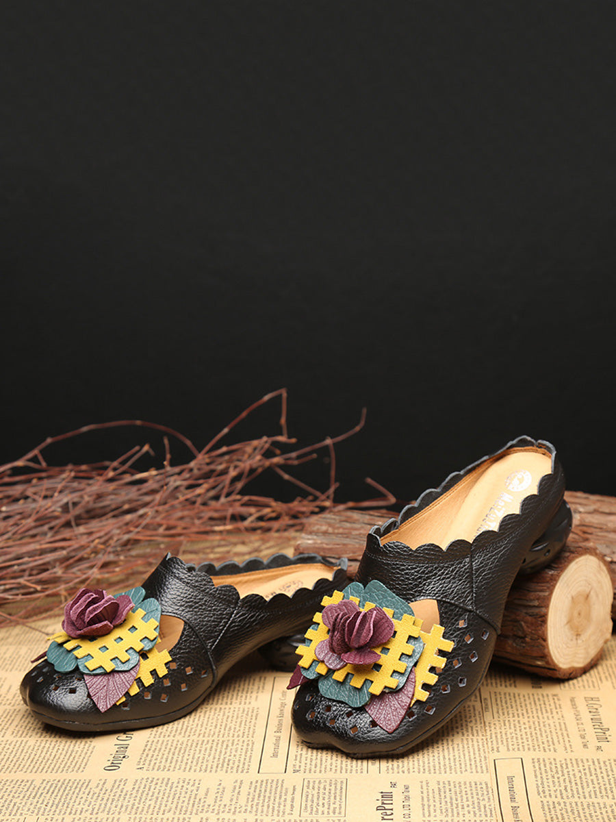 Ethnic Leather Flower Spliced Low Heel Sandals