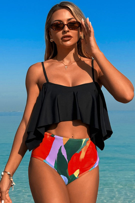 Two-piece swimsuit with large ruffled sleeves and floral shorts - Fashionpara