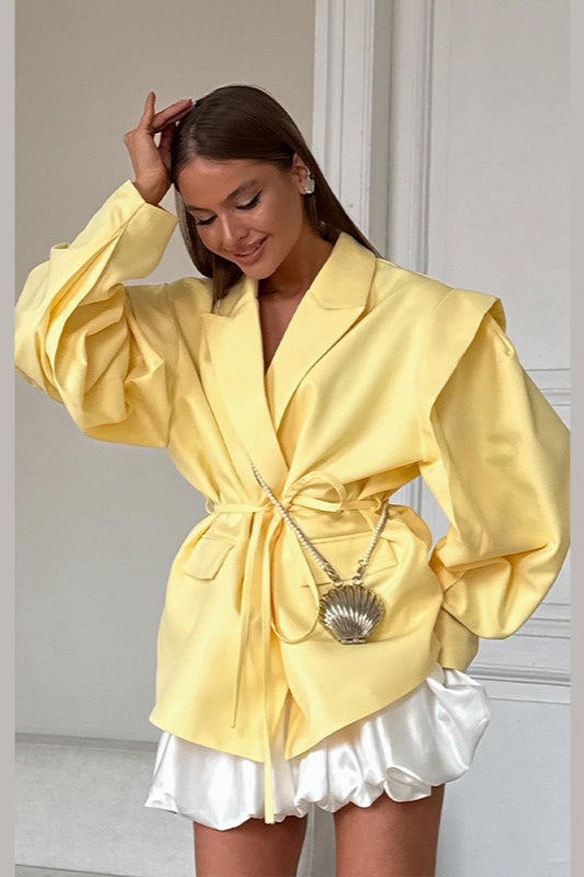 V-Neck Belted Shoulder Pad Blazer