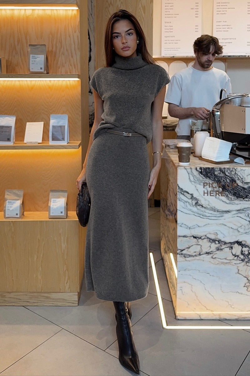 High Neck Short Sleeve Knit Top Midi Skirt Set