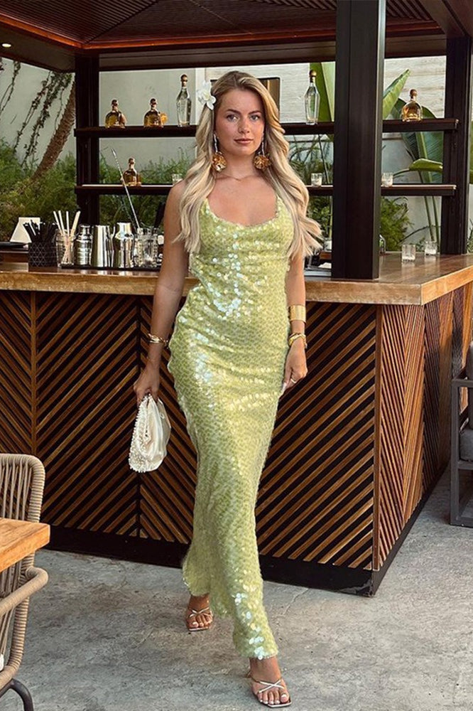 Sequin Spaghetti Strap Scoop Neck Backless Bodycon Maxi Dress - View 2