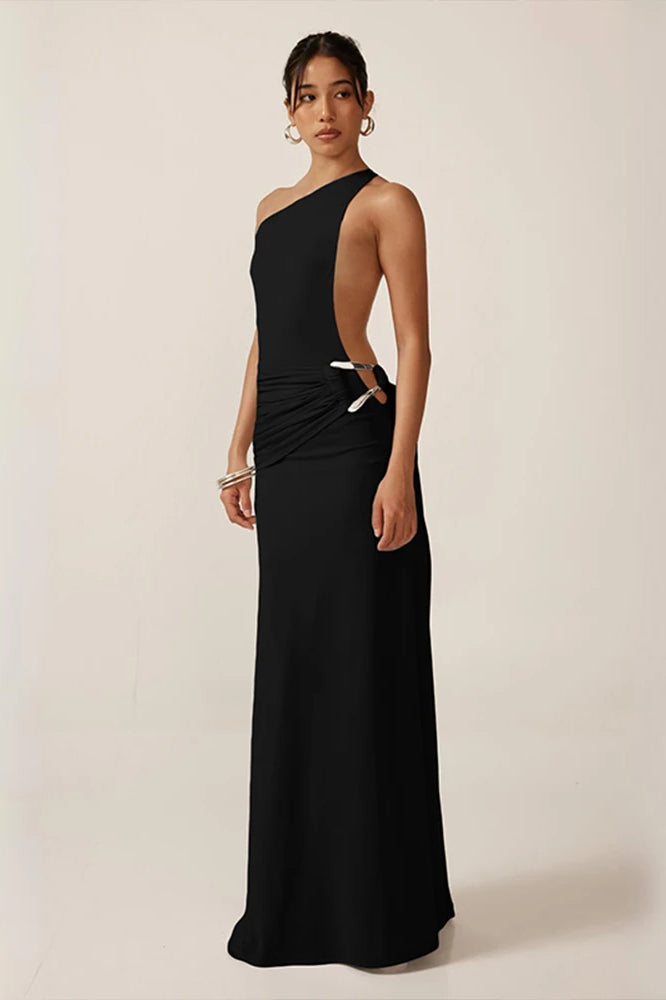 One Shoulder Open Back Ruched Maxi Gown