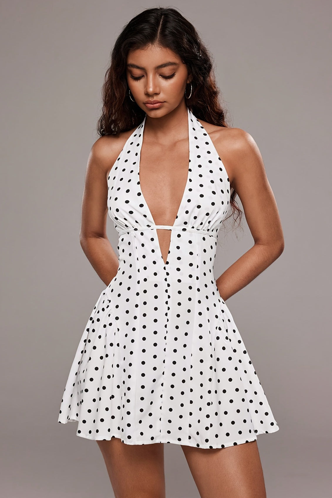 Polka Dot Halter Neck Plunge Fit and Flare Mini Dress