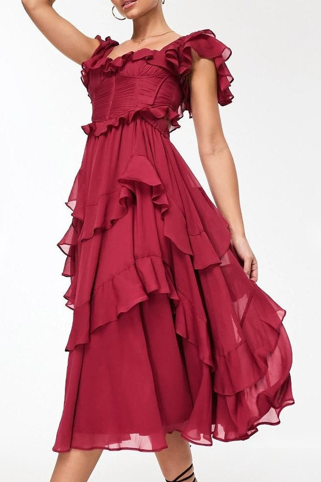 Chiffon Off Shoulder Corset Tiered Ruffle Midi Prom Dress