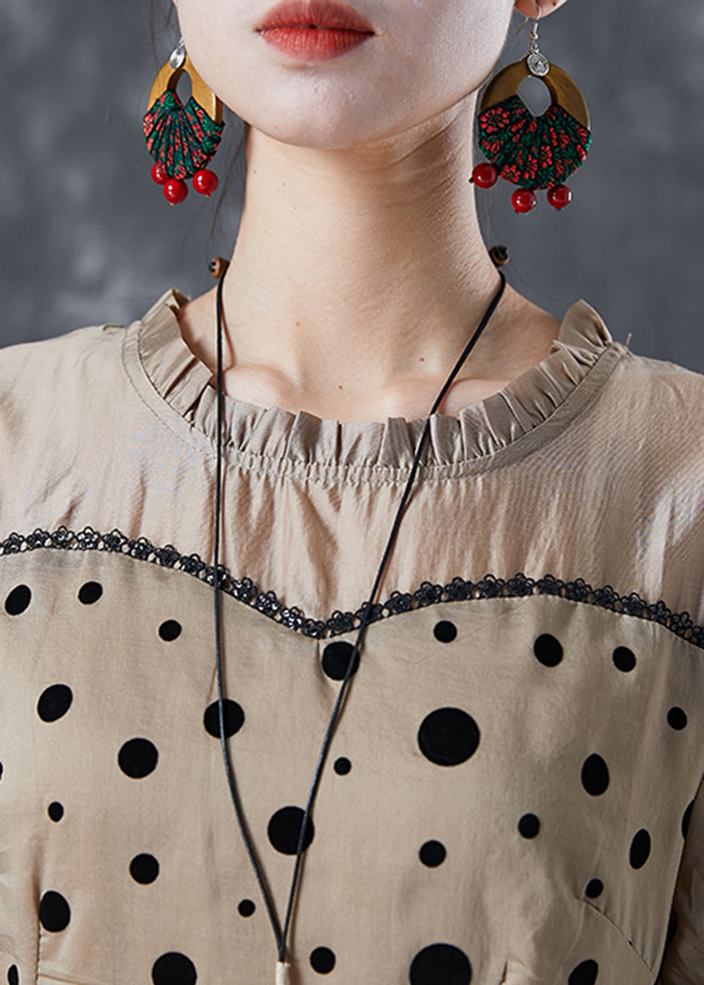 Polka Dot Stripe Patchwork Ruffle Neck Short Sleeve Tiered Midi Dress - View 5