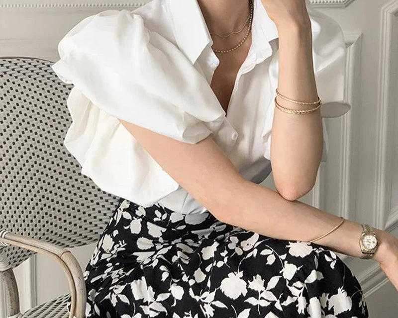 Y2K Chiffon Black Puff Sleeve Casual Korean Blouse