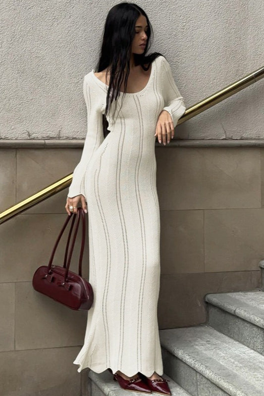 U Neck Long Sleeve Knit Work Dress
