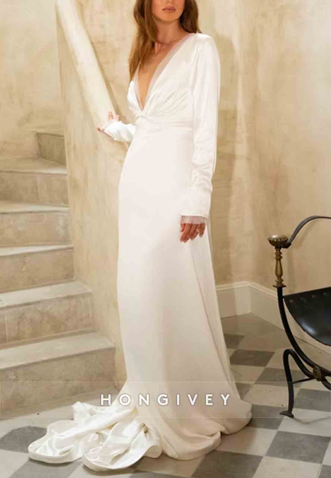 Low V-Neck Long Sleeves Court Train Pleated V Back Wedding Dresses